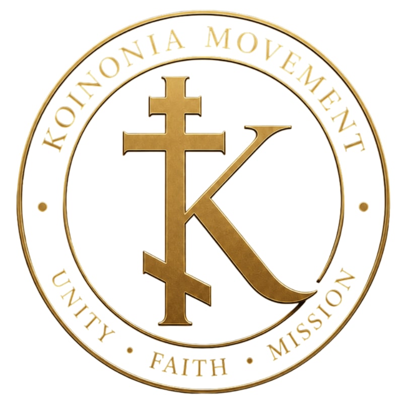 A gold emblem with the letter "K" superimposed on a cross is centered on a white background, surrounded by text that reads "KOINONIA MOVEMENT UNITY FAITH MISSION."