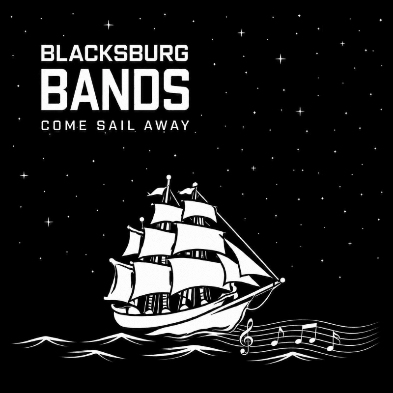 A majestic sailing ship with full sails glides across choppy waves under a starry night sky, with musical notes flowing from its wake.