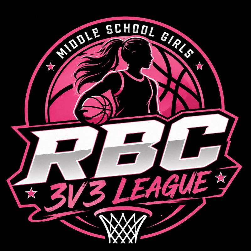 A silhouette of a girl holding a basketball is in the foreground, with the text "RBC 3V3 LEAGUE" below her, all set against a pink basketball hoop and net in the background.