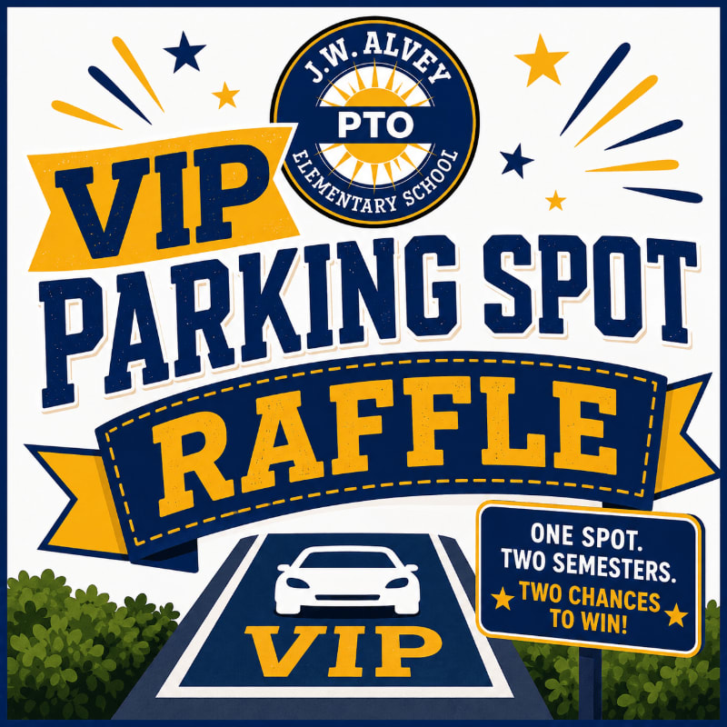 A white car with "VIP" on its hood drives down a road towards a raffle banner, with the J.W. Alvey Elementary School PTO logo and festive stars in the background.