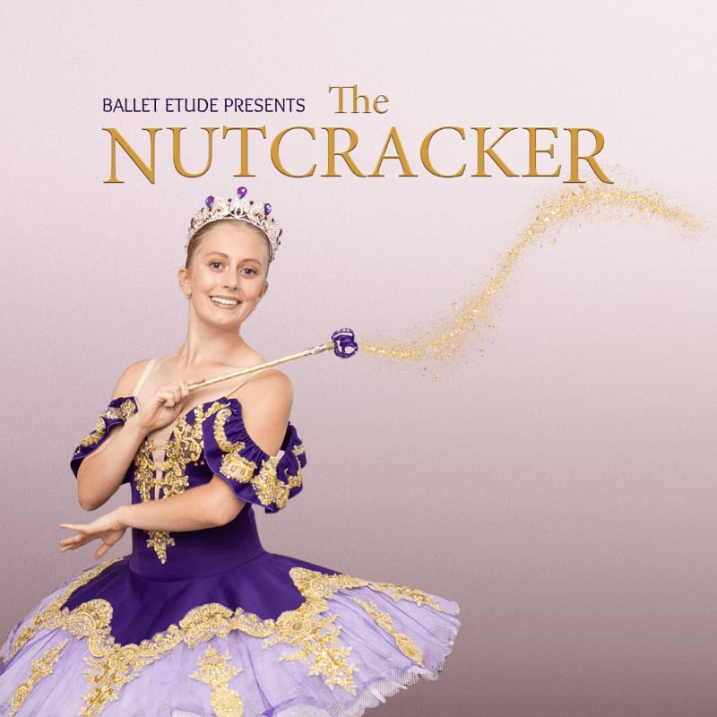 A young ballerina in a purple tutu and crown holds a wand with a trail of glitter against a soft pink background with "The Nutcracker" title.