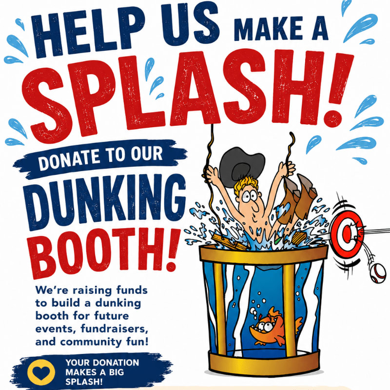 A cartoon man in a cowboy hat splashes into a dunk tank in the foreground, while bold red and blue text in the background urges donations for a dunking booth.