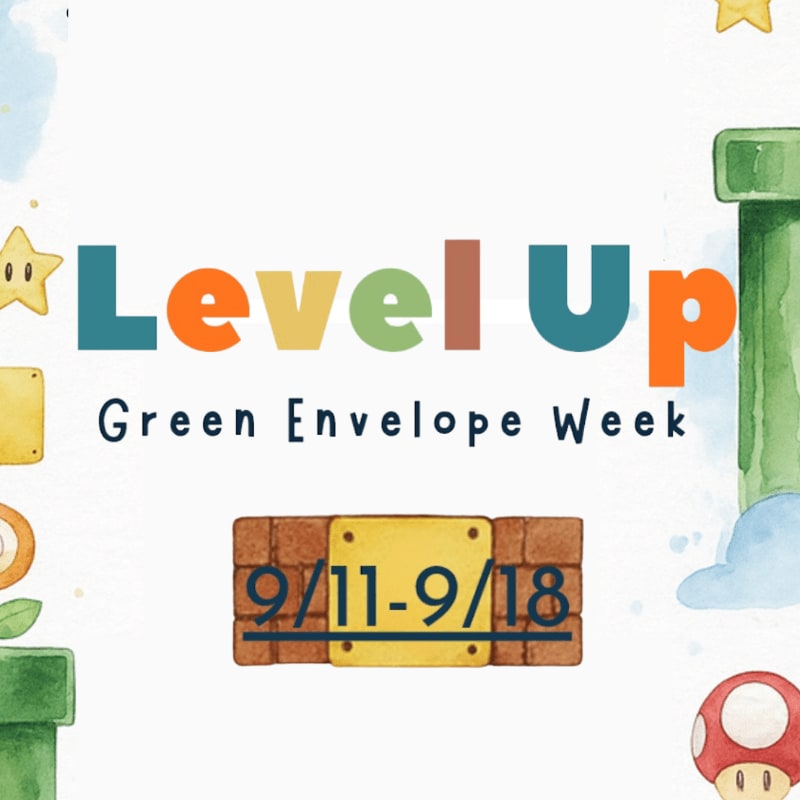 Colorful pixelated characters and pipes frame the text "Level Up Green Envelope Week" with a date range below.