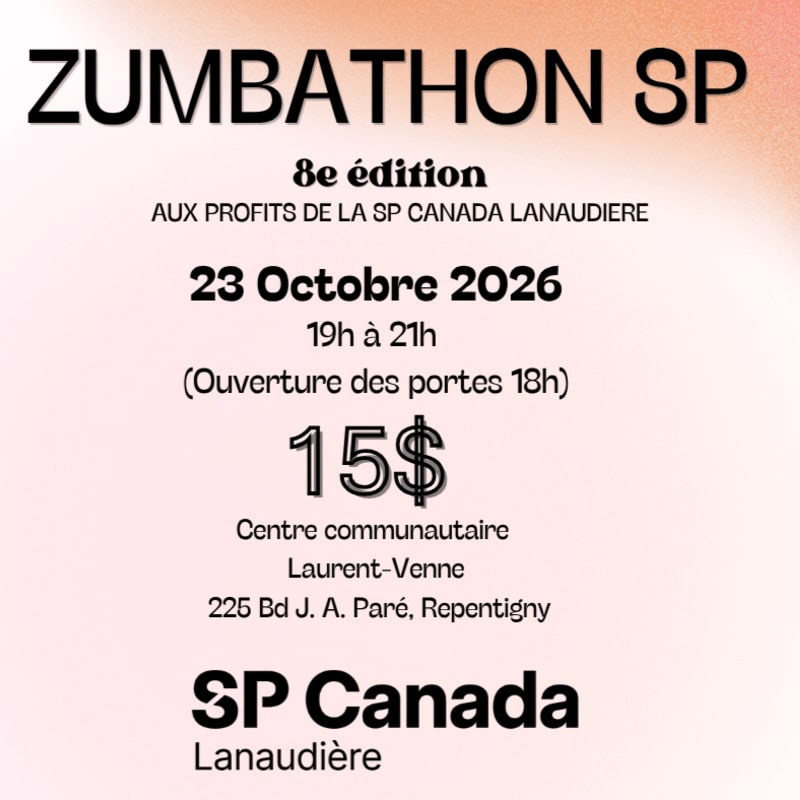 A poster for a Zumbathon event on October 23, 2026, is displayed against a soft, gradient background.