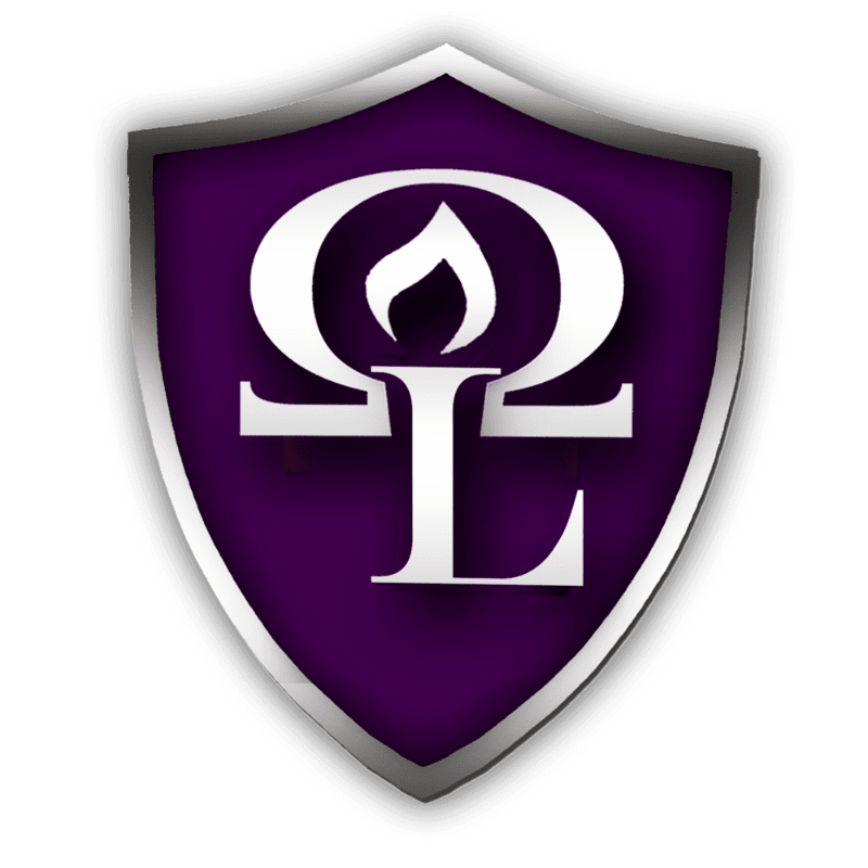 A white symbol resembling an omega and an uppercase L with a flame at the top is centered on a purple shield with a silver border, set against a white background.