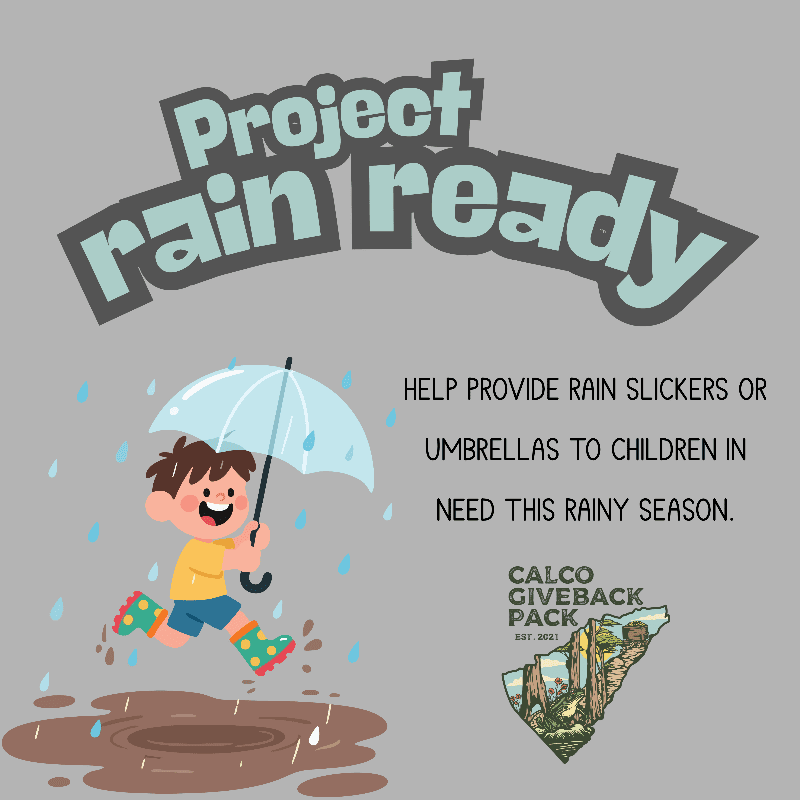 A cartoon boy with an umbrella jumps in puddles in the foreground, while the background displays text about a "Project Rain Ready" initiative and a logo.