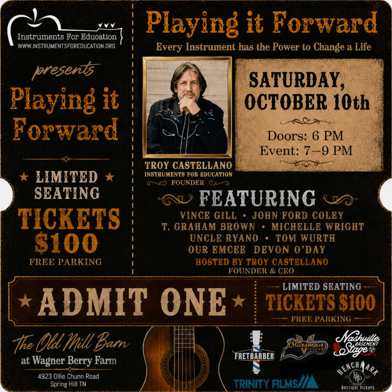 A poster for "Playing it Forward" at The Old Mill Barn features a photo of Troy Castellano in the center, with event details and musical artists listed around him, set against a rustic, wood-textured background.
