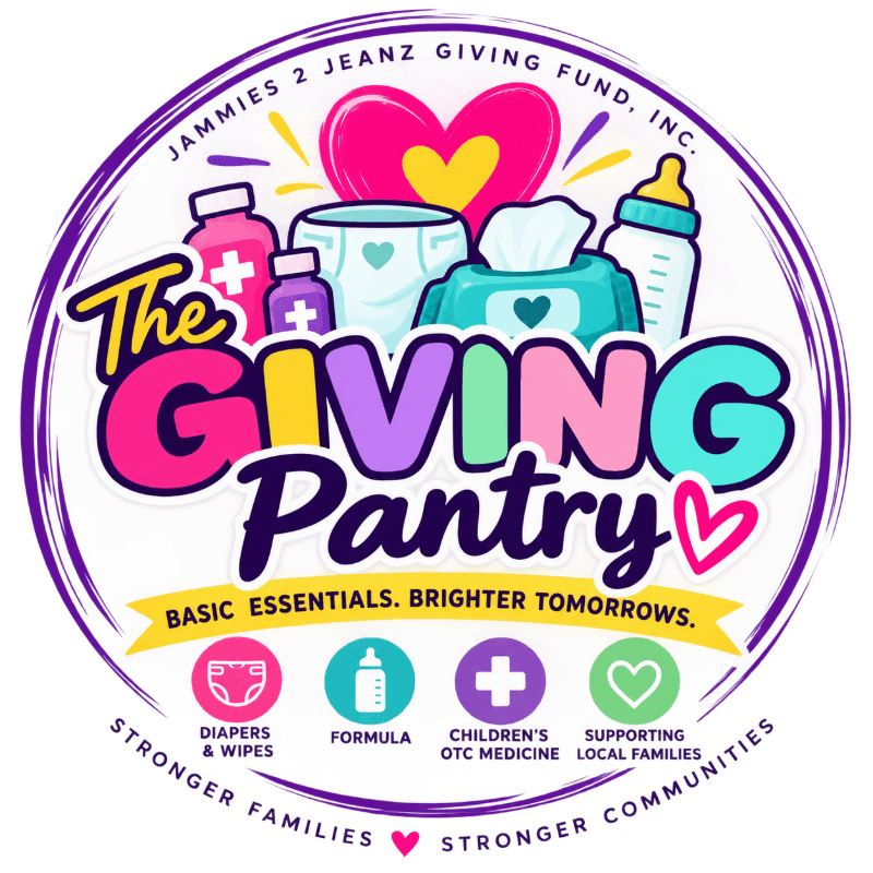 A colorful logo for "The Giving Pantry" features essential baby and children's items in the foreground against a circular background with the organization's name and motto.