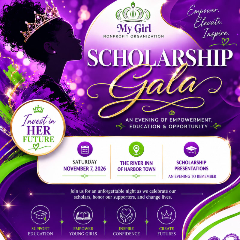 A silhouette of a young girl wearing a crown is in the foreground, with a purple and green background advertising a scholarship gala.