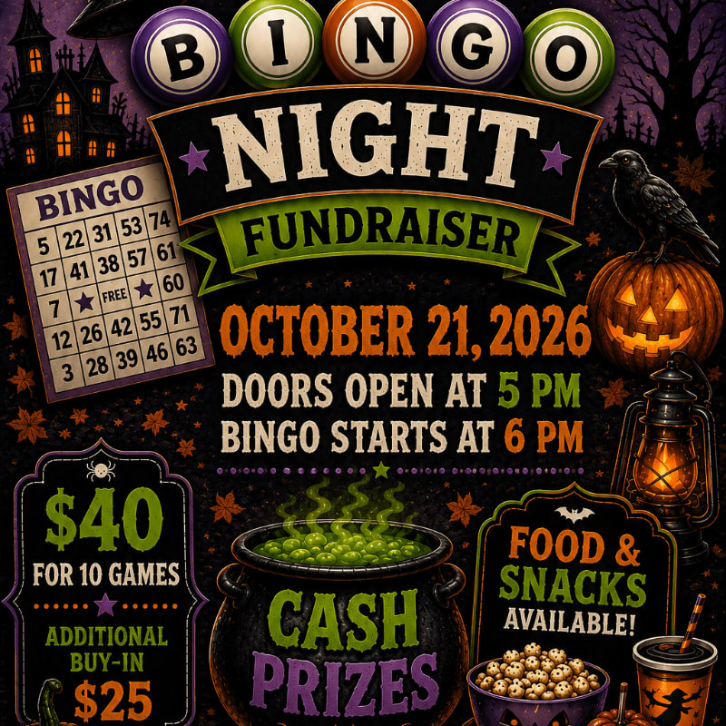 A spooky Halloween-themed bingo night fundraiser poster features a bingo card and cash prize cauldron in the foreground, with a haunted house and a crow on a pumpkin in the background.