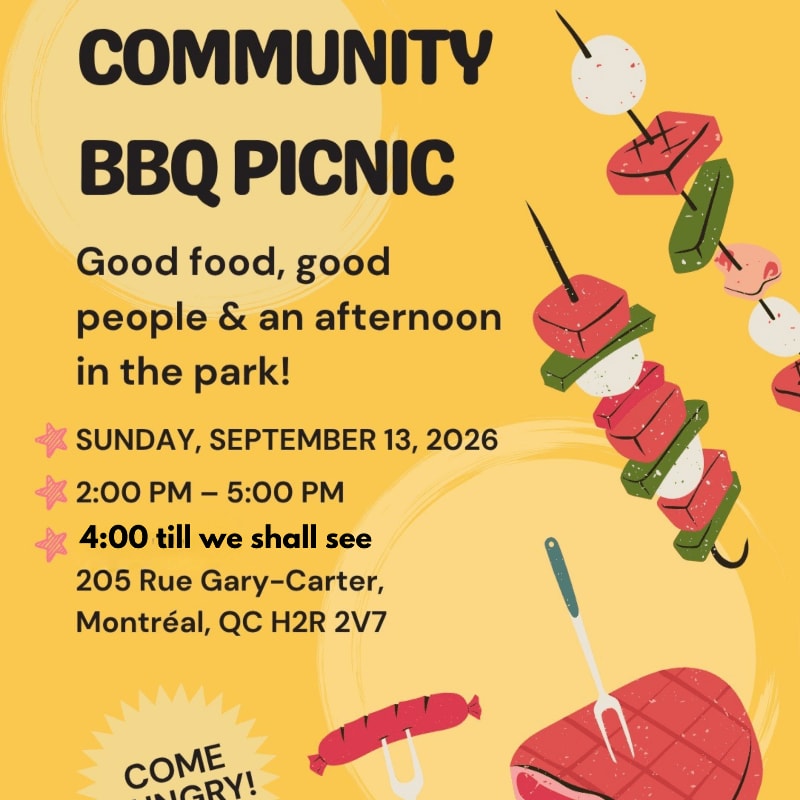 A bright yellow flyer advertises a community BBQ picnic with details of the event in the foreground and a skewer of grilled food in the background.