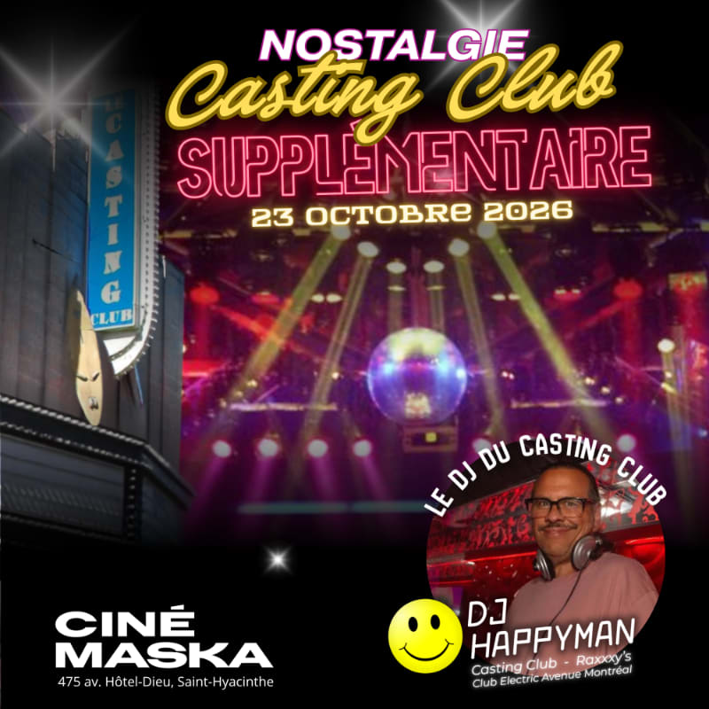 A neon sign for "Casting Club" stands in the foreground next to a DJ with glasses and a smiley face, while a disco ball illuminates a concert stage in the background.