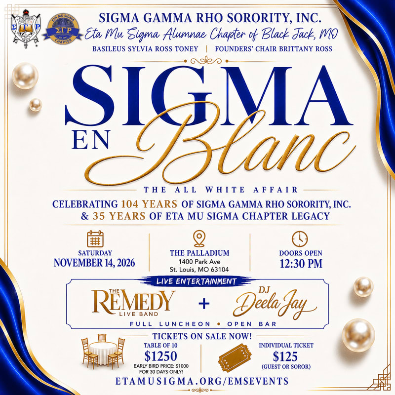A white and gold "Sigma En Blanc" event invitation with blue ornate borders and pearl accents is displayed, featuring details about a celebration for Sigma Gamma Rho Sorority, Inc.