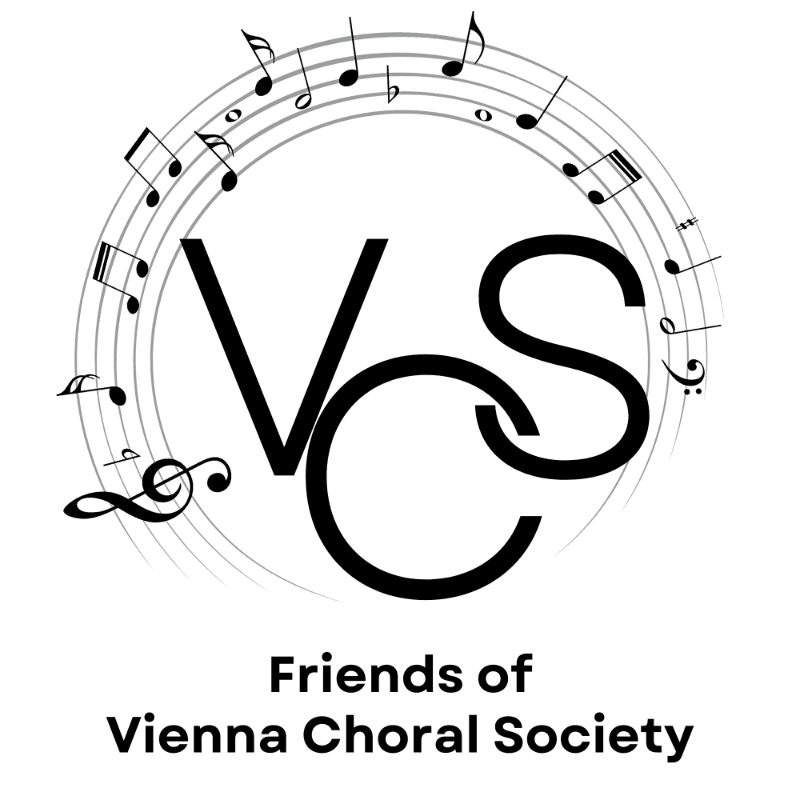 Bold black letters "VCS" are superimposed on a circular staff of musical notes, with the text "Friends of Vienna Choral Society" below.