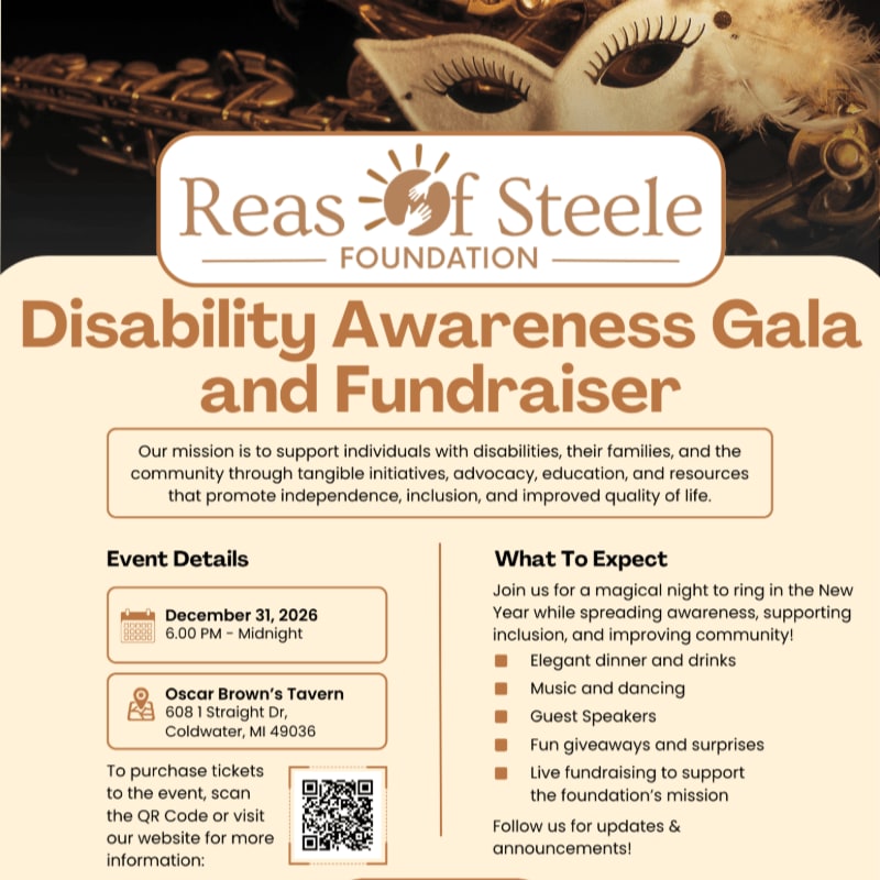 A masquerade mask and musical instruments adorn the top background, while the foreground features details for the Reas of Steele Foundation's Disability Awareness Gala and Fundraiser.
