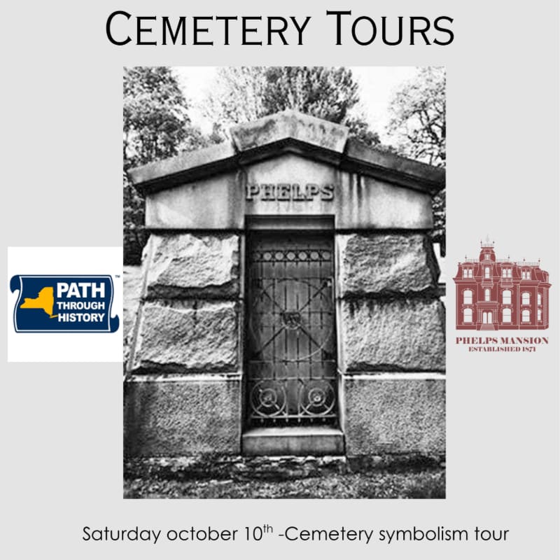 A black and white photograph of a large stone mausoleum with the name "PHELPS" inscribed above its ornate metal door is presented with text advertising "CEMETERY TOURS" and details about a "Saturday october 10th - Cemetery symbolism tour," alongside logos for "PATH THROUGH HISTORY" and "PHELPS MANSION."