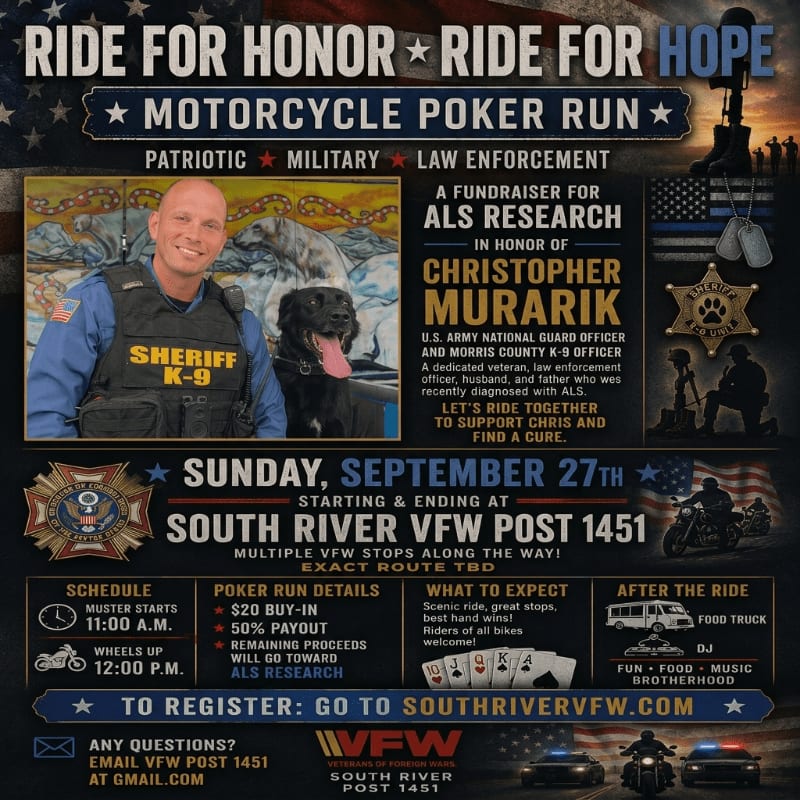A poster for a motorcycle poker run fundraiser for ALS research features a sheriff with his K-9 partner in the foreground, set against a background of patriotic imagery and event details.