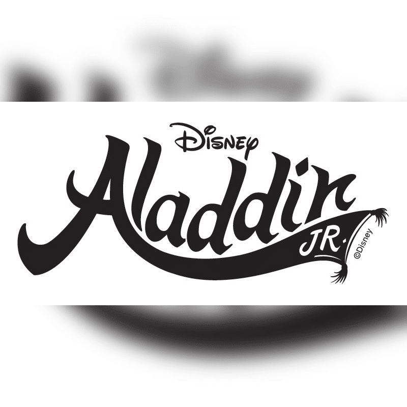 A black and white logo for "Aladdin Jr." with the Disney name above it is centered on a blurred background.