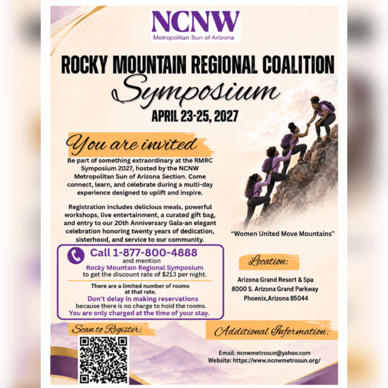 A poster for the Rocky Mountain Regional Coalition Symposium features a group of women climbing a mountain in the background and event details in the foreground.