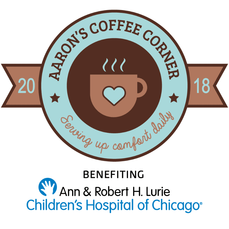 A circular logo for "Aaron's Coffee Corner" with a steaming coffee cup and heart in the center is displayed above the Ann & Robert H. Lurie Children's Hospital of Chicago logo.