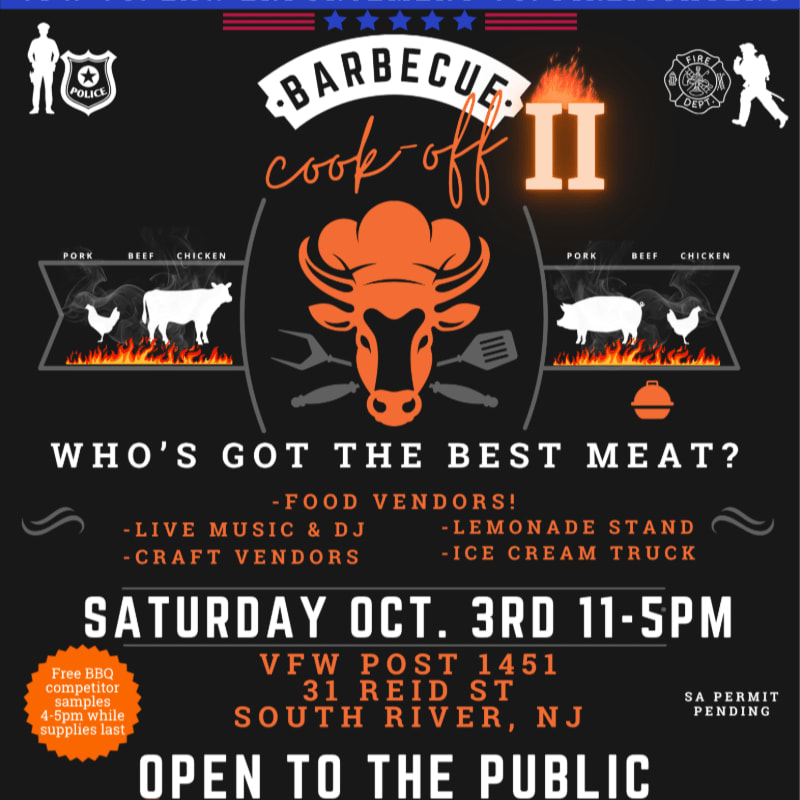 A graphic advertises a "Barbecue Cook-Off II" event with images of meat and flames in the foreground, set against a black background with event details.