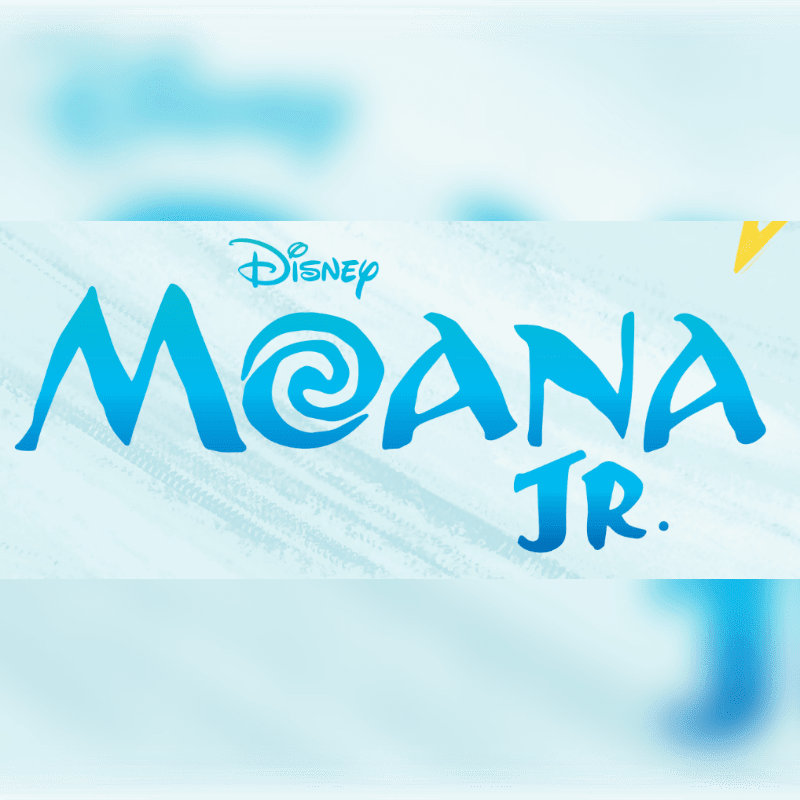 The "Moana Jr." logo, with its stylized blue lettering and a swirling wave design, is set against a soft, light blue background with subtle white brushstrokes and hints of yellow.
