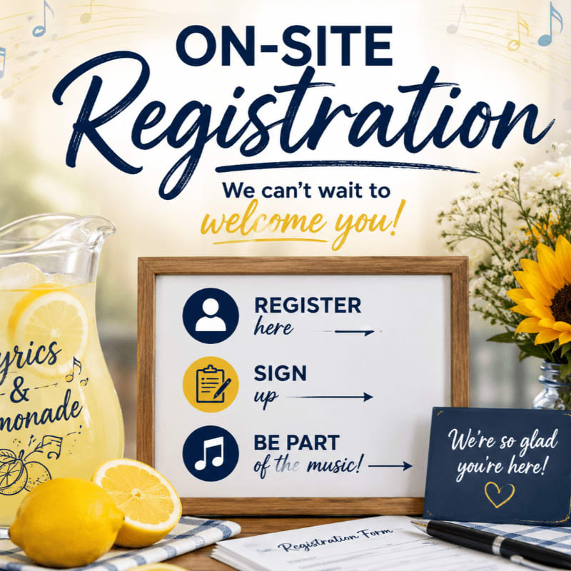 A pitcher of lemonade and lemons sit in the foreground next to a sign-up board, with a sunflower and musical notes in the background.