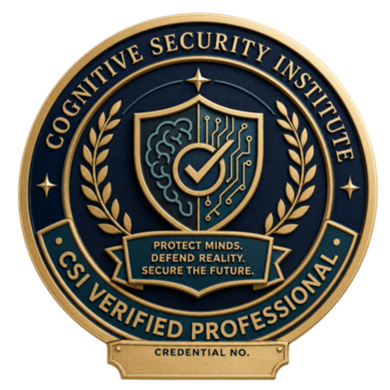 A circular emblem with a shield in the center, featuring a brain and circuit board design, is set against a dark blue background with gold lettering and laurel branches.