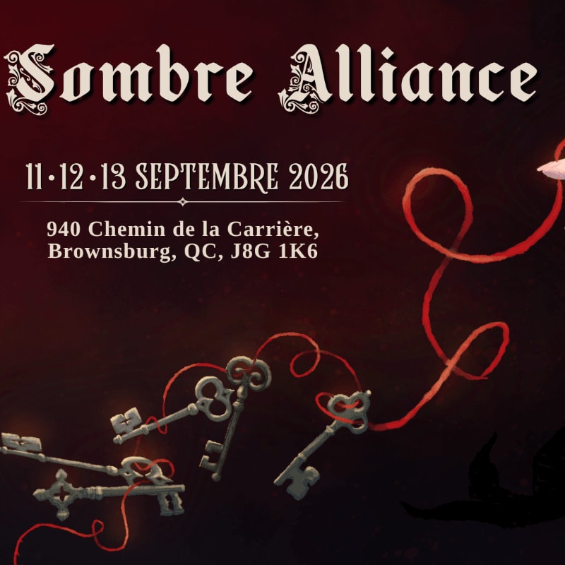 Ornate keys with red ribbons float in the foreground against a dark, textured background with event details at the top.