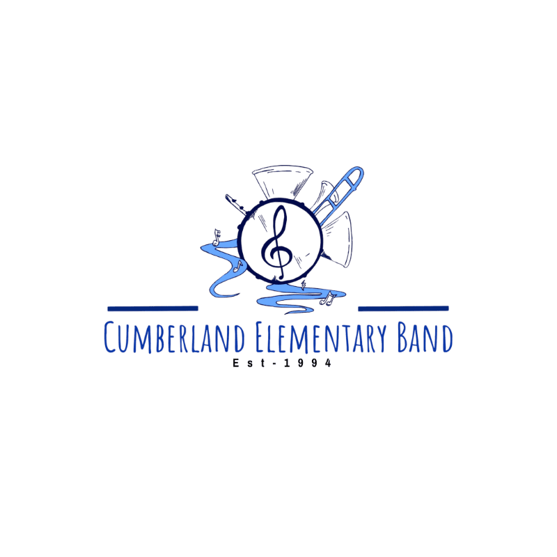 A treble clef is surrounded by various musical instruments and blue wavy lines in the foreground, with "CUMBERLAND ELEMENTARY BAND Est. 1994" written below in the background.