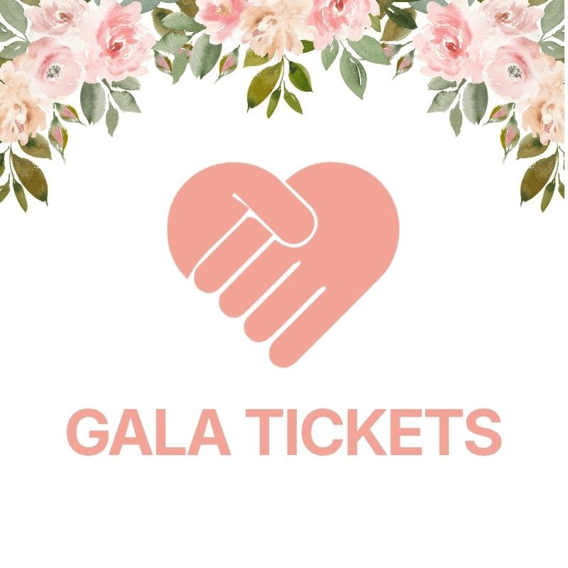 A pink heart formed by two hands is centered on a white background, with floral arrangements at the top and "GALA TICKETS" written below.