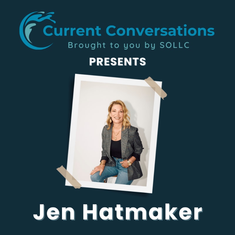 A framed photo of Jen Hatmaker is centered on a dark blue background with "Current Conversations" and "Jen Hatmaker" text.