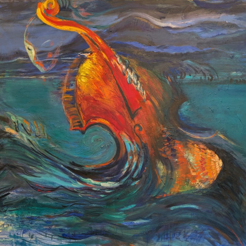 A vibrant, abstract cello emerges from turbulent, dark blue waters, with a ghostly mask floating above.