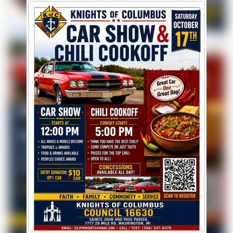 A red vintage car is featured in the foreground of a flyer advertising a Knights of Columbus car show and chili cookoff, with details about the event and contact information in the background.