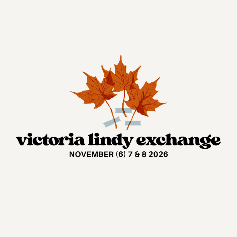 Three orange maple leaves are taped to a light cream background above the text "victoria lindy exchange" and "NOVEMBER (6) 7 & 8 2026".