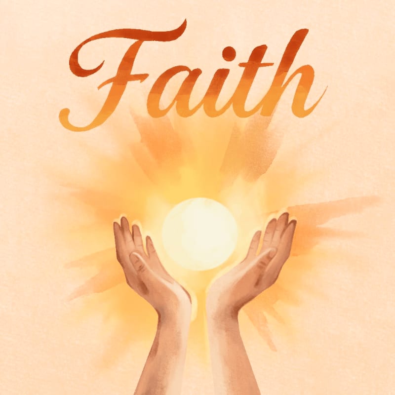 Two cupped hands hold a glowing orb of light against a soft, peachy background with the word "Faith" written in warm, gradient lettering above.