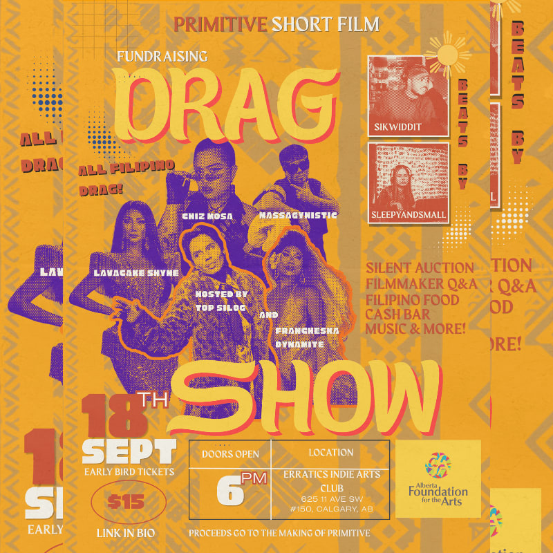 A vibrant poster advertises a fundraising drag show featuring Filipino performers, with details about the event, performers, and location in the foreground, set against a patterned background.
