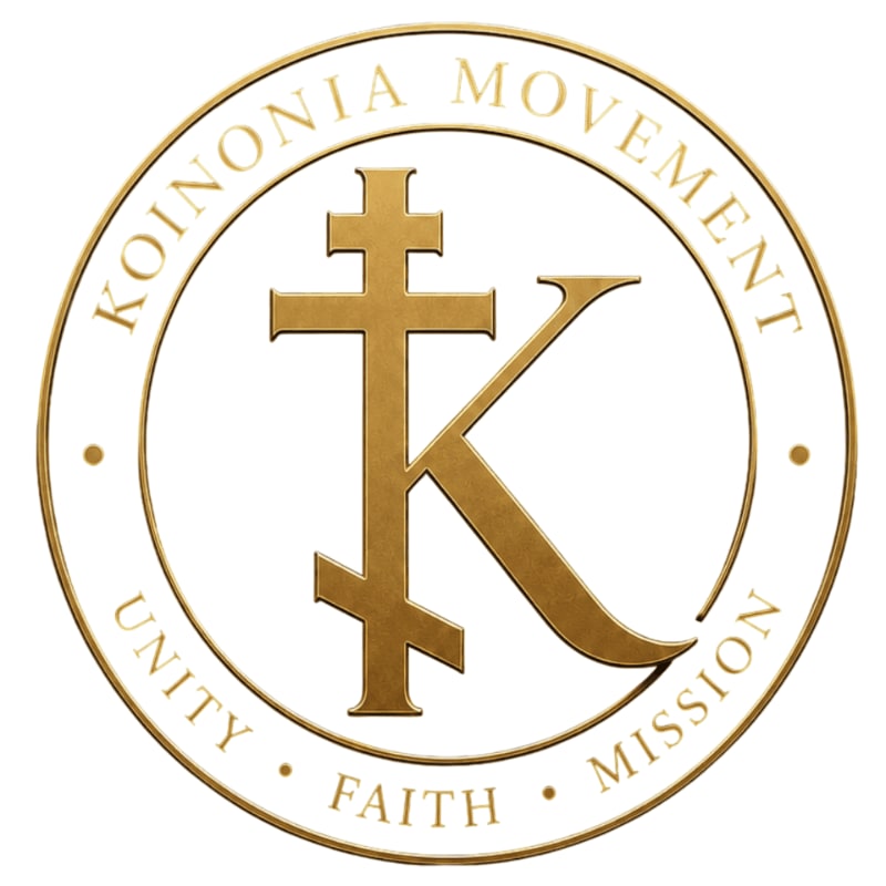A gold emblem with the letter "K" superimposed on a cross is centered on a white background, surrounded by text that reads "KOINONIA MOVEMENT UNITY FAITH MISSION."