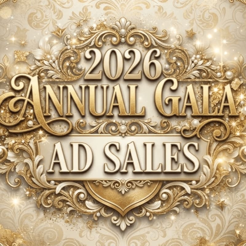 Golden ornate text announcing "2026 Annual Gala Ad Sales" is set against a shimmering, decorative background.