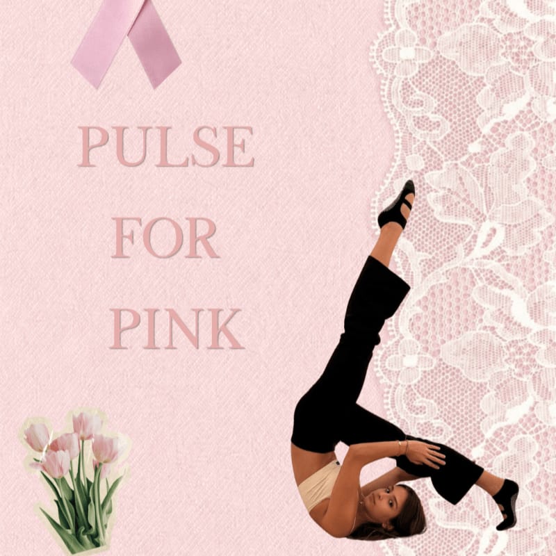 A woman in a yoga pose is centered on a pink background with lace trim, a pink ribbon, and tulips.