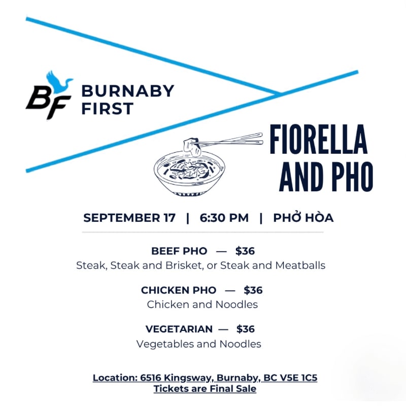 A white flyer advertises "Burnaby First" and "Fiorella and Pho" with a graphic of pho in the foreground and event details in the background.
