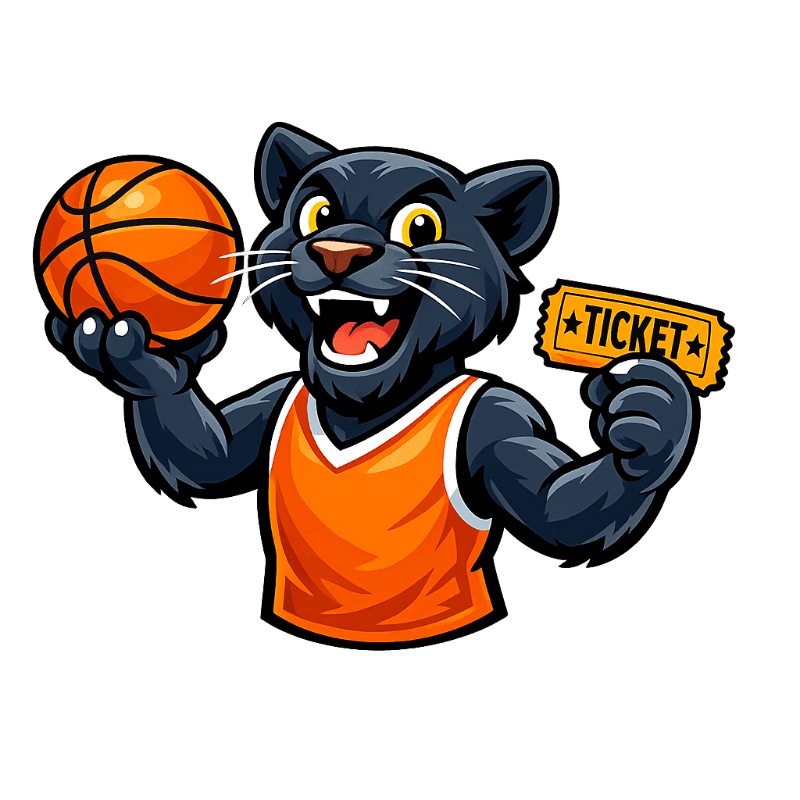 A cartoon black panther in an orange basketball jersey holds a basketball in its left paw and a ticket in its right paw against a white background.