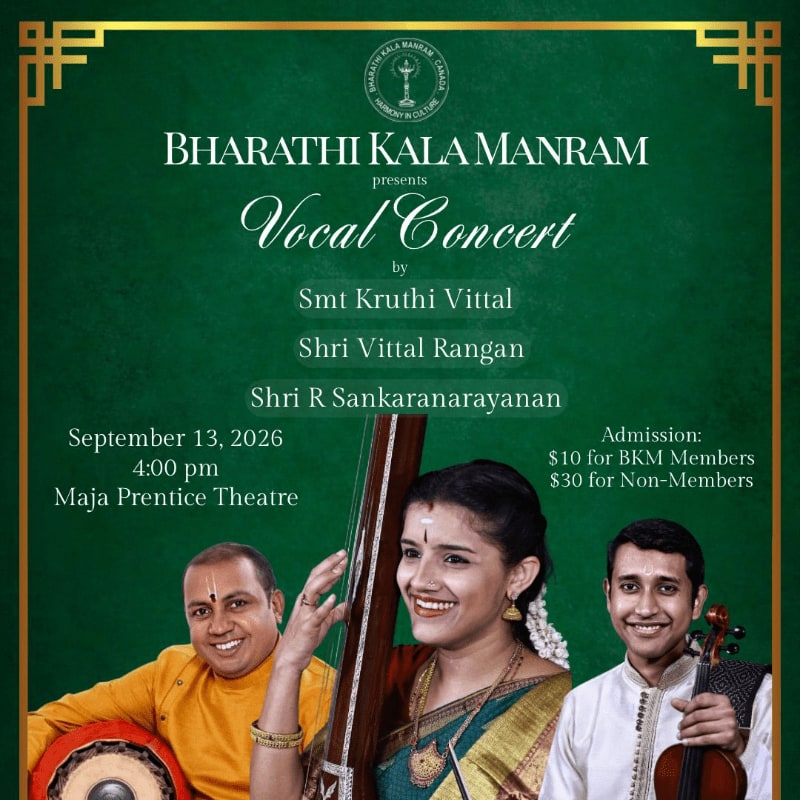 A green poster for a vocal concert features three smiling musicians in the foreground, with event details and admission prices in the background.