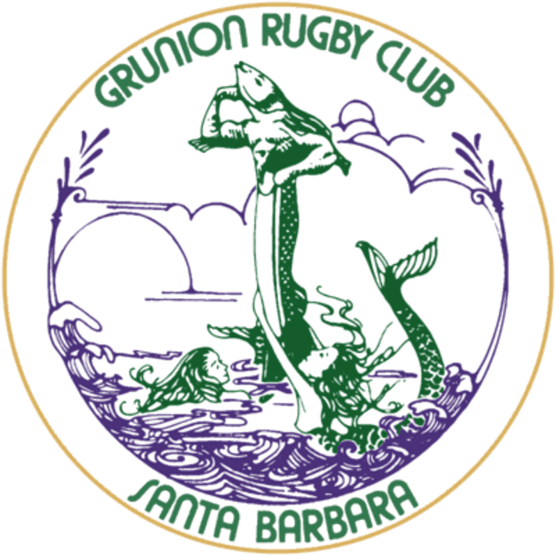 A circular emblem for the Grunion Rugby Club of Santa Barbara features a muscular merman holding a fish in the foreground, with two mermaids and stylized waves against a cloudy sky in the background.