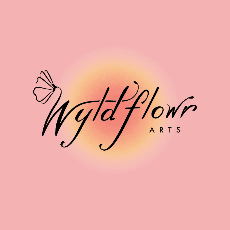 A delicate butterfly and elegant script spelling "Wyldflour Arts" are centered against a soft, glowing gradient of peach and yellow on a pink background.