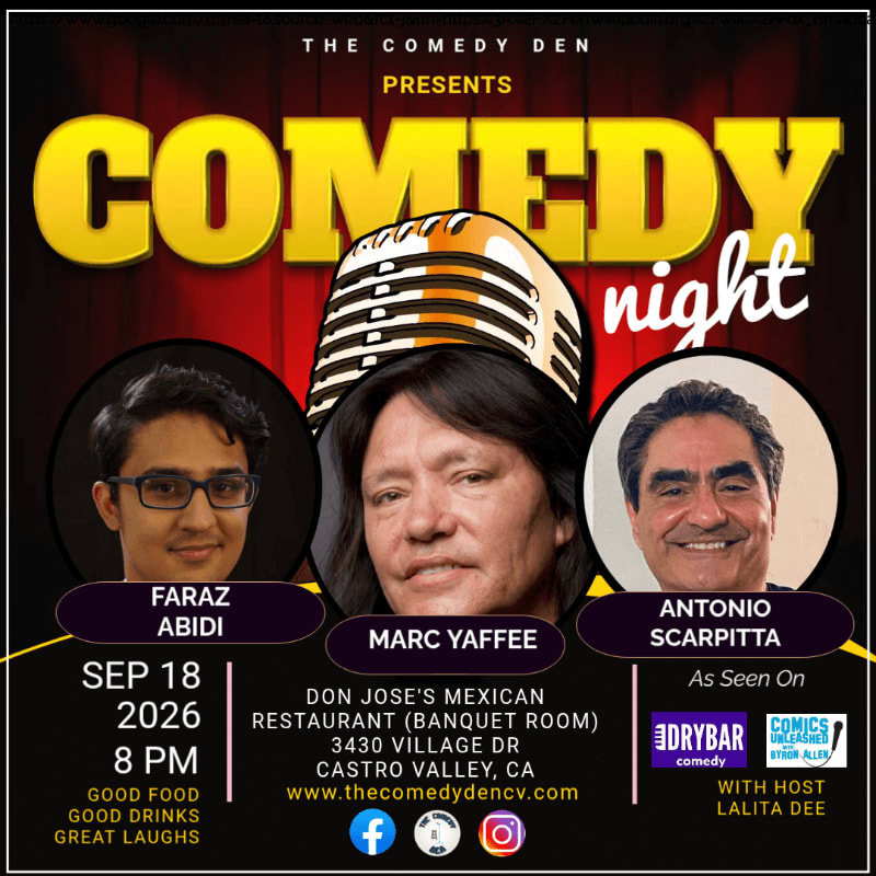 Three comedians are featured in the foreground against a red curtain background advertising a comedy night.