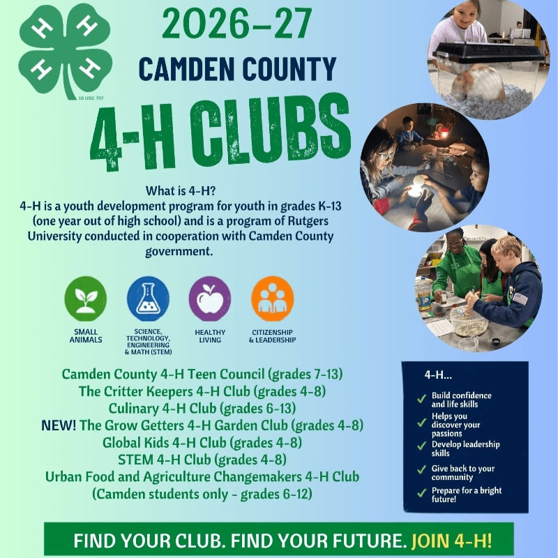 A green 4-H logo and text about Camden County 4-H clubs are in the foreground, while a collage of photos showing children participating in various activities fills the background.