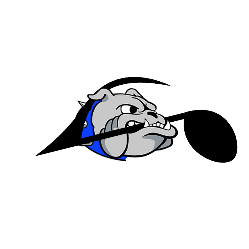 A cartoon bulldog with a blue collar is biting a musical note against a white background.