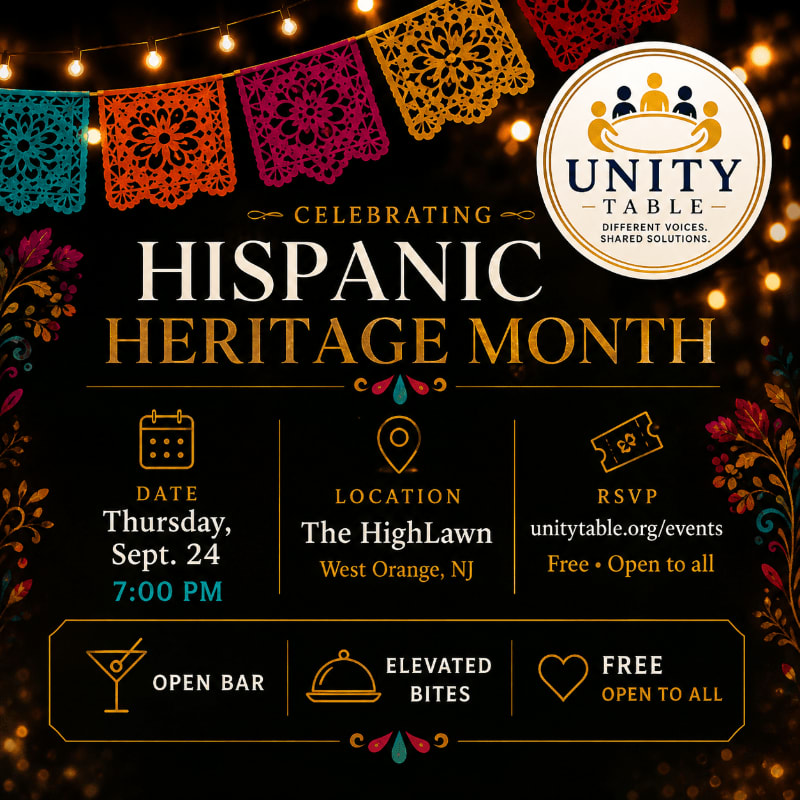 Colorful papel picado banners and string lights adorn the top of an invitation for Hispanic Heritage Month, which details the date, location, RSVP information, and event features like an open bar and elevated bites.