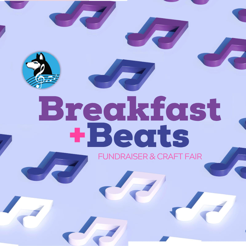 Musical notes in purple, blue, and white fill the background, while the foreground features the text "Breakfast + Beats" with a husky logo above it, all set against a light purple backdrop.